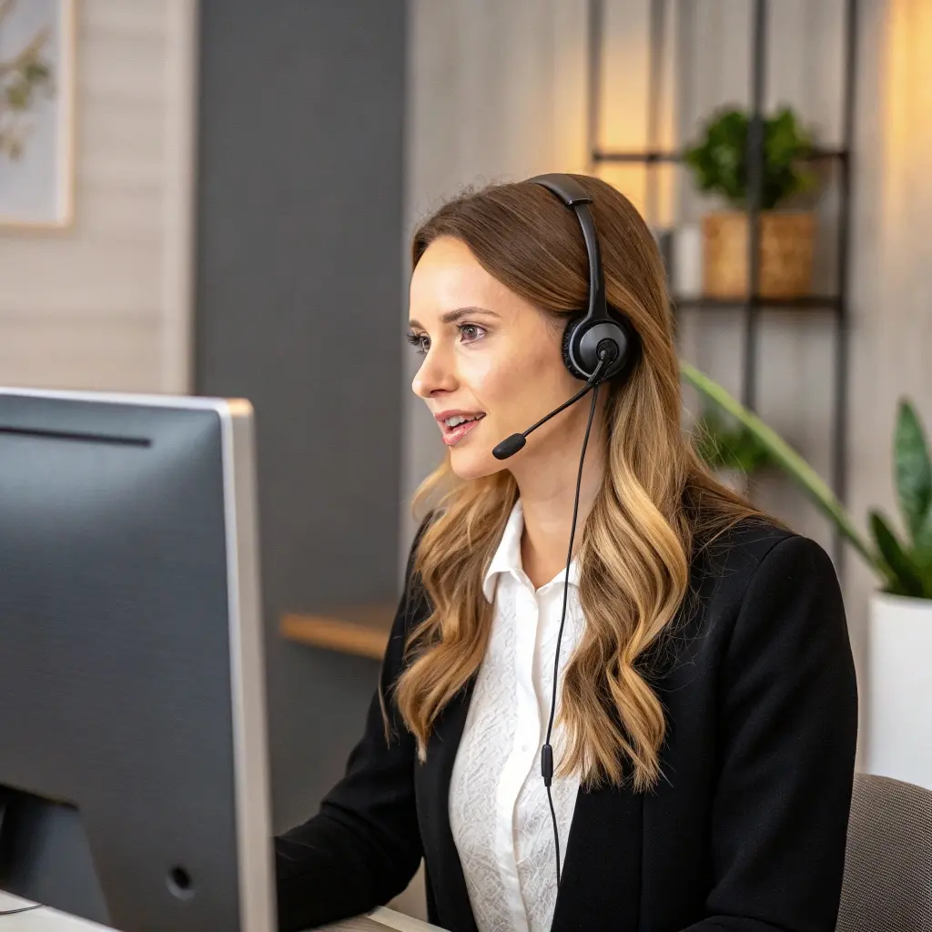 woman with headset in front of computer
